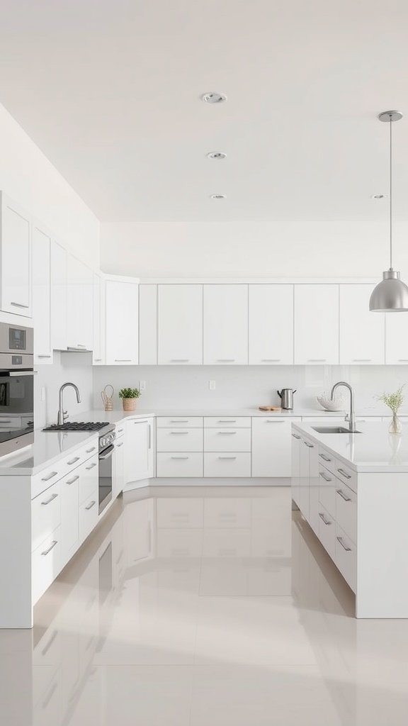 A minimalist kitchen featuring sleek white cabinetry, modern appliances, and subtle greenery