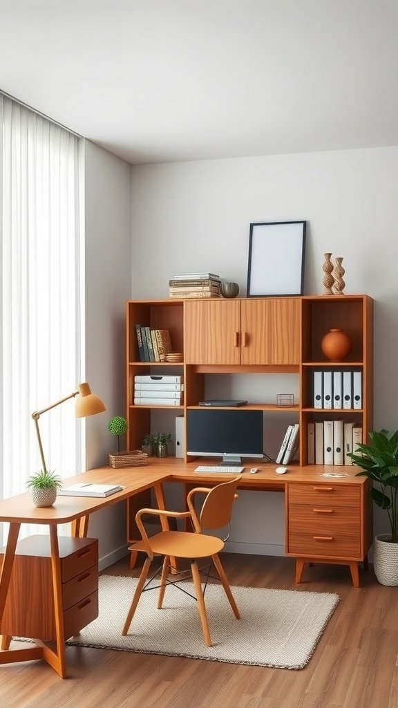 A modern minimalist office setup featuring a wooden desk, shelving unit, and plants, emphasizing smart storage solutions.