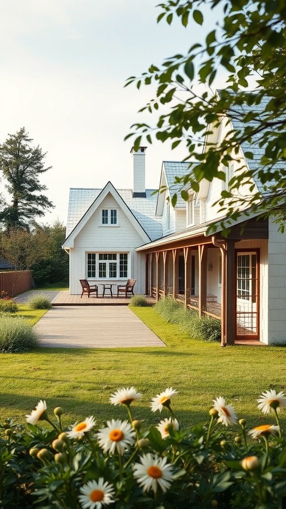 A minimalist Scandinavian farmhouse with a white exterior, surrounded by a green lawn and flowers, featuring a wooden deck and chairs.