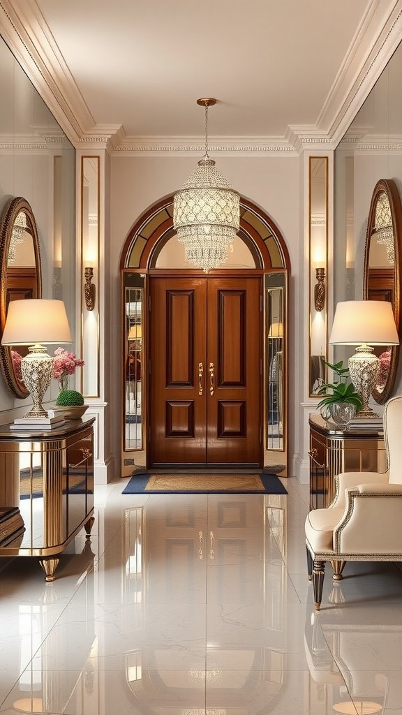 Luxurious penthouse entrance featuring mirrored surfaces and elegant decor.