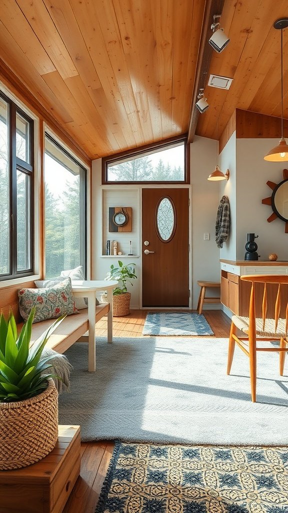 Interior of a mid-century modern tiny house with wooden ceiling, large windows, and stylish furniture