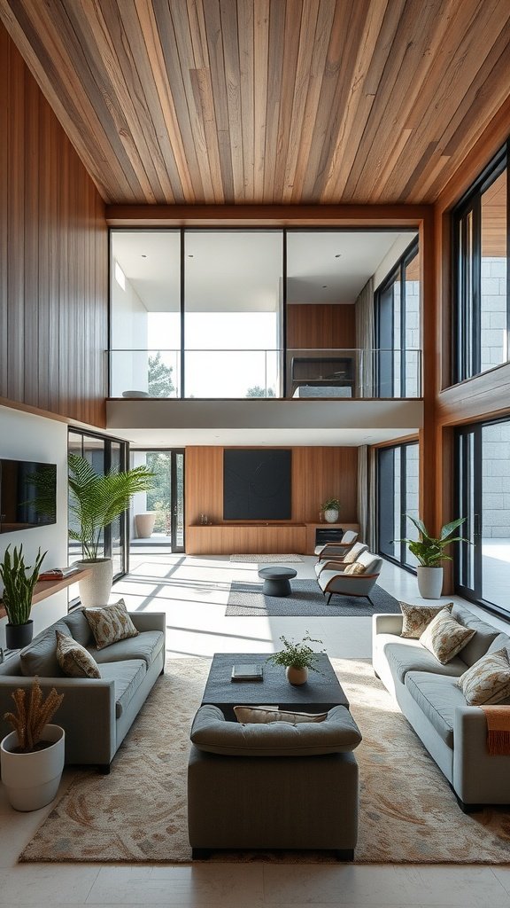 Interior view of a modern house featuring open and closed spaces with large windows and wooden accents.