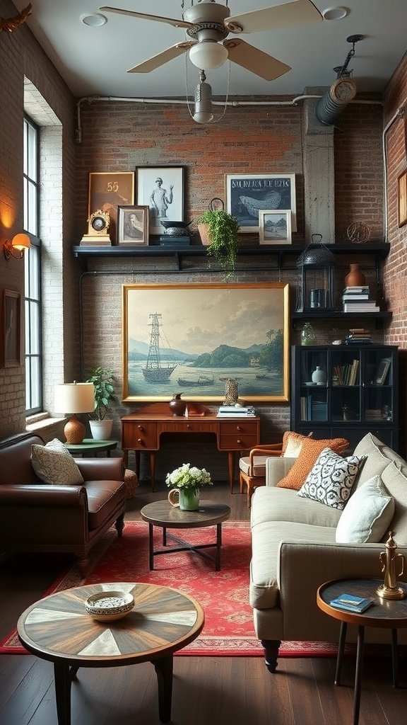 A cozy living room featuring a mix of vintage and modern decor with exposed brick walls, stylish furniture, and unique artwork.