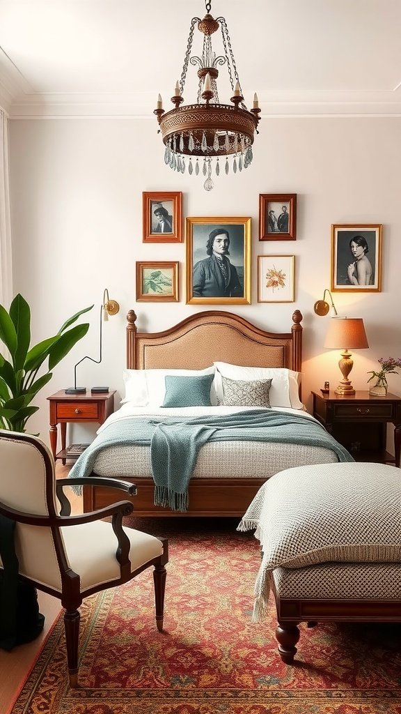 A cozy bedroom featuring a mix of vintage and modern decor, including a chandelier, framed artwork, and a patterned rug.