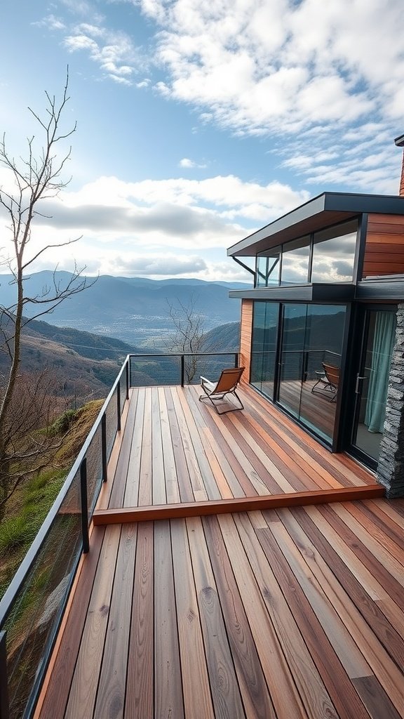 A modern hillside house featuring a wooden deck and large glass windows overlooking a mountainous landscape.