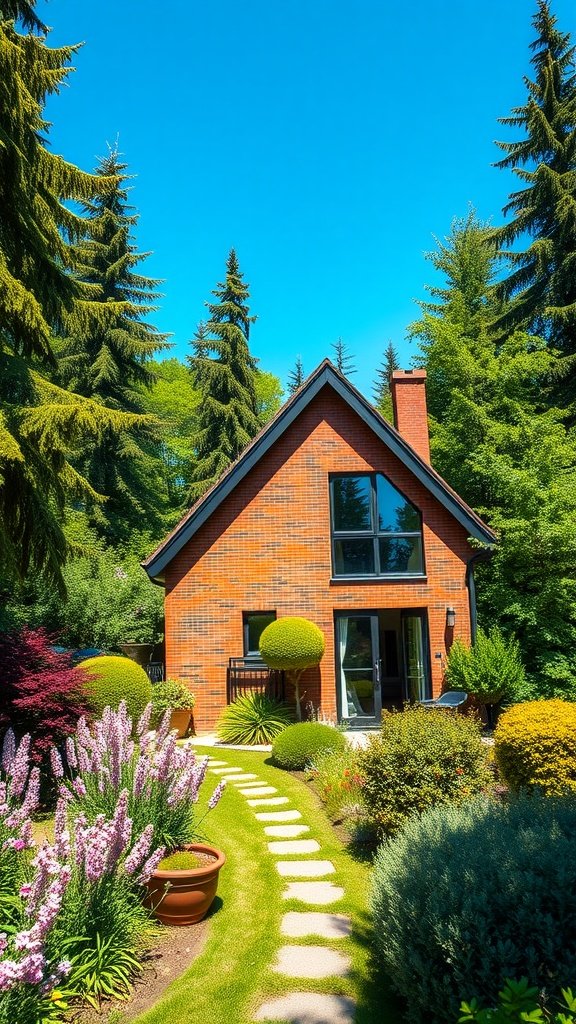 Modern brick cottage surrounded by lush greenery and colorful flowers