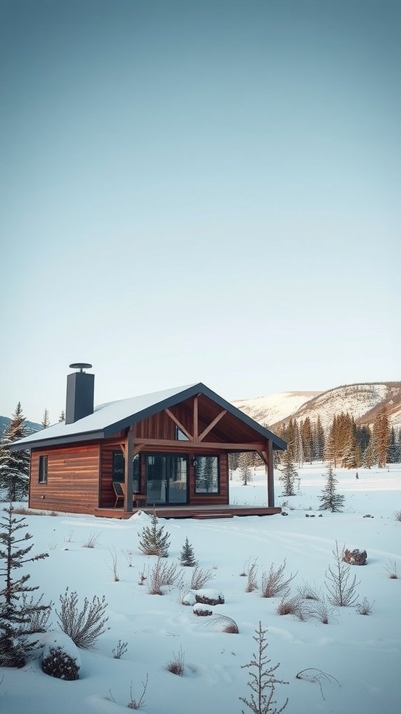 A modern cabin surrounded by snow and trees near Yellowstone