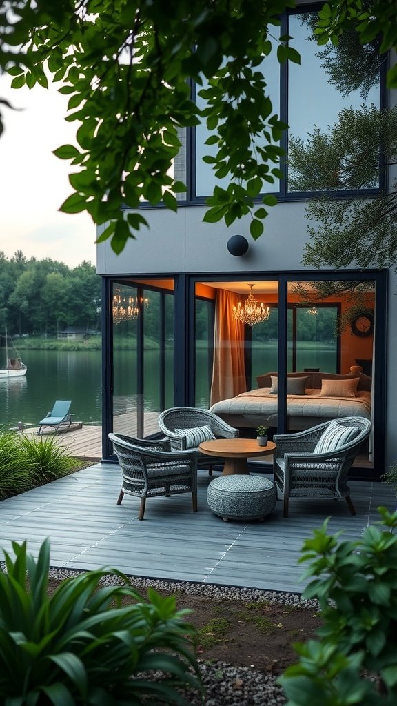 Modern cottage by the lakeside with large windows and cozy outdoor seating.