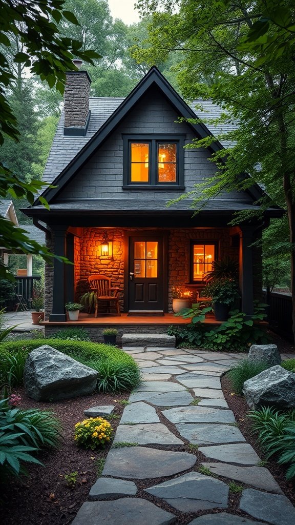 A modern cozy stone cottage surrounded by greenery with warm glowing windows.
