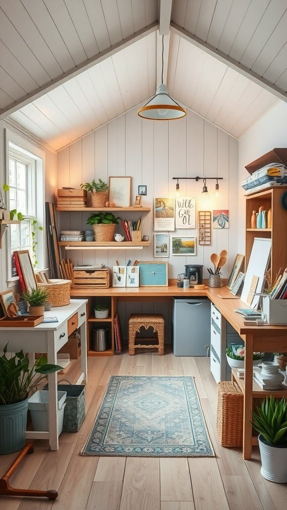 Bright and cozy craft space in a modern cottage with wooden walls, shelves filled with supplies, and a stylish desk.
