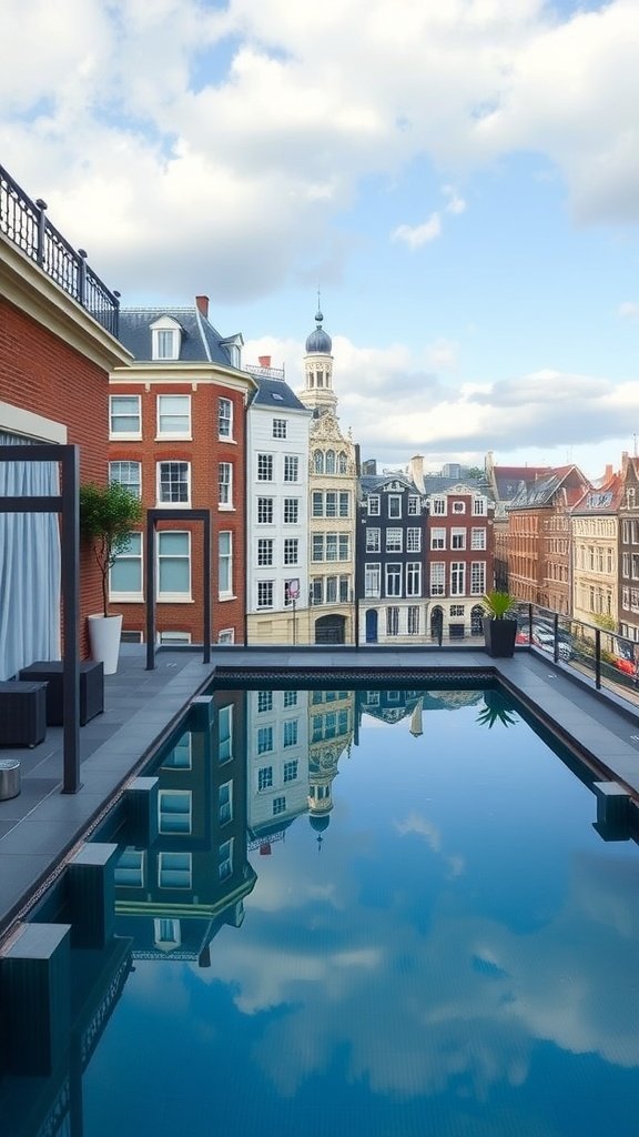 A luxurious penthouse pool overlooking traditional Amsterdam architecture.