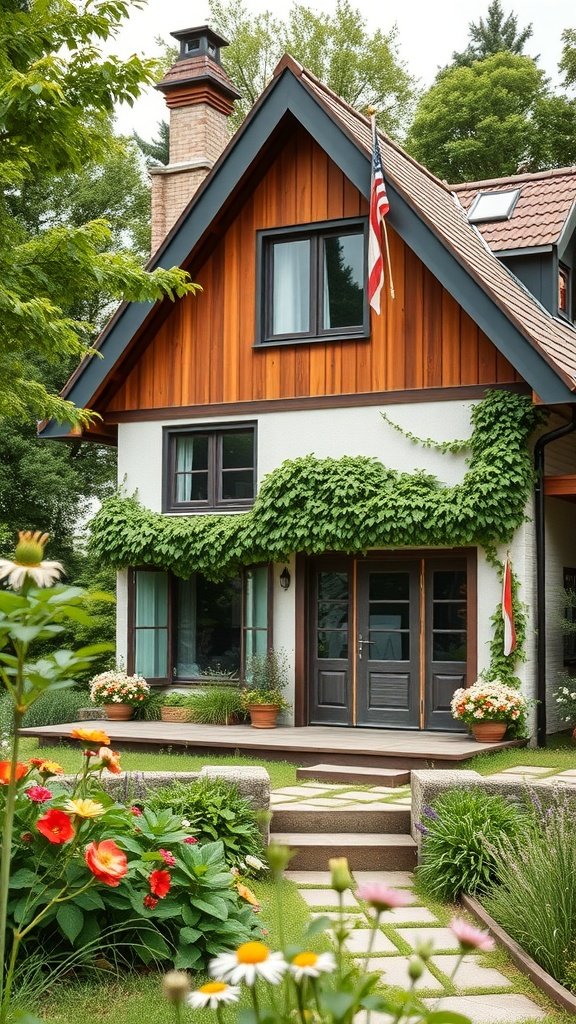 A modern European cottage with wooden and stone accents, surrounded by lush greenery and colorful flowers.