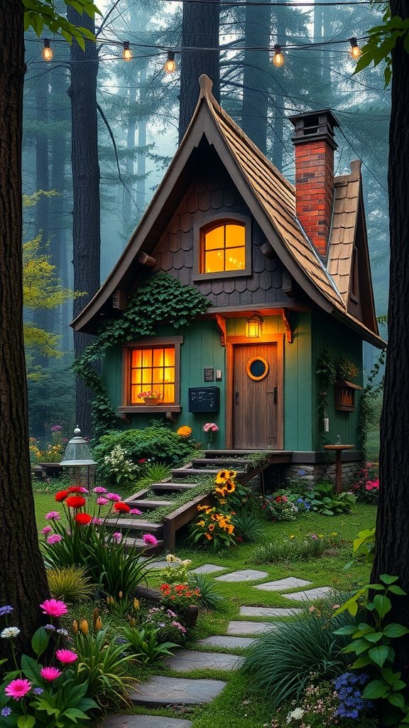 A charming modern fairy tale cottage with a gabled roof, surrounded by colorful flowers and trees, illuminated by warm lights.