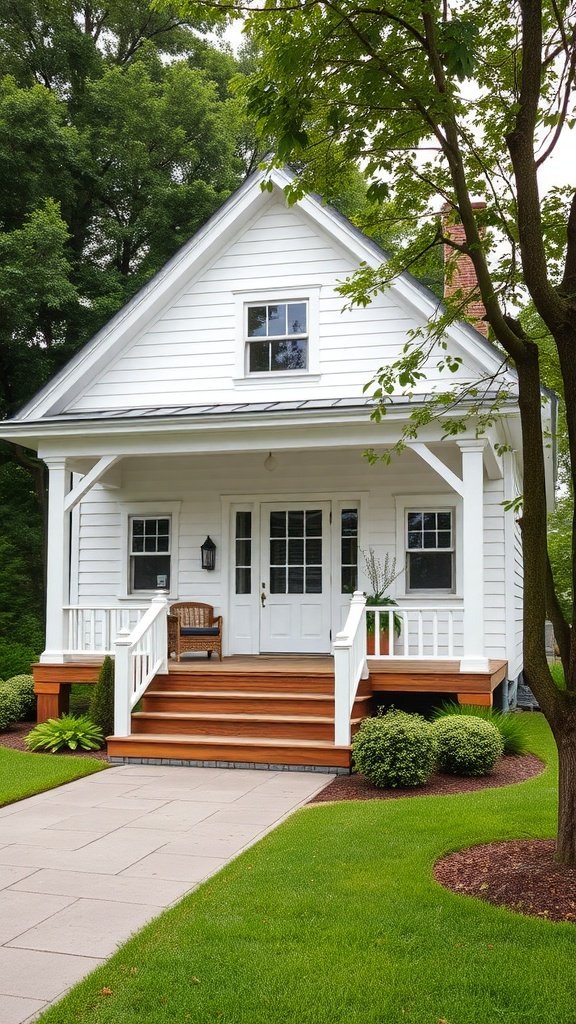 A white modern farmhouse with a welcoming porch, surrounded by greenery.