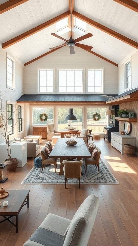 Interior of a modern farmhouse living space with high ceiling and wooden beams.