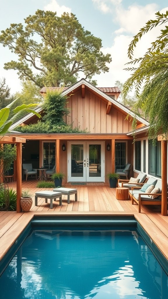 A modern farmhouse with a rustic pool deck surrounded by greenery.