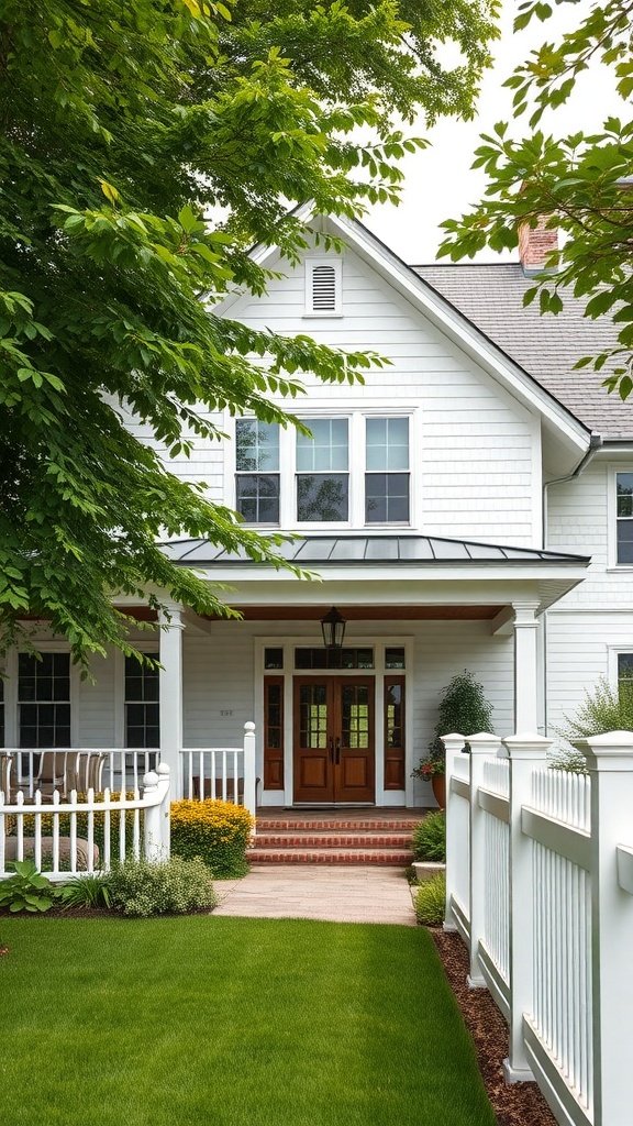 A modern farmhouse with white exterior, wooden doors, and a green lawn surrounded by plants.