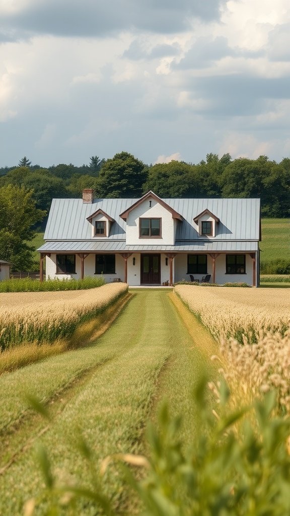 A modern farmhouse with concrete accents surrounded by fields