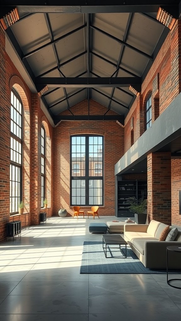 A modern industrial loft with high ceilings, exposed brick walls, large windows, and minimalist furniture.
