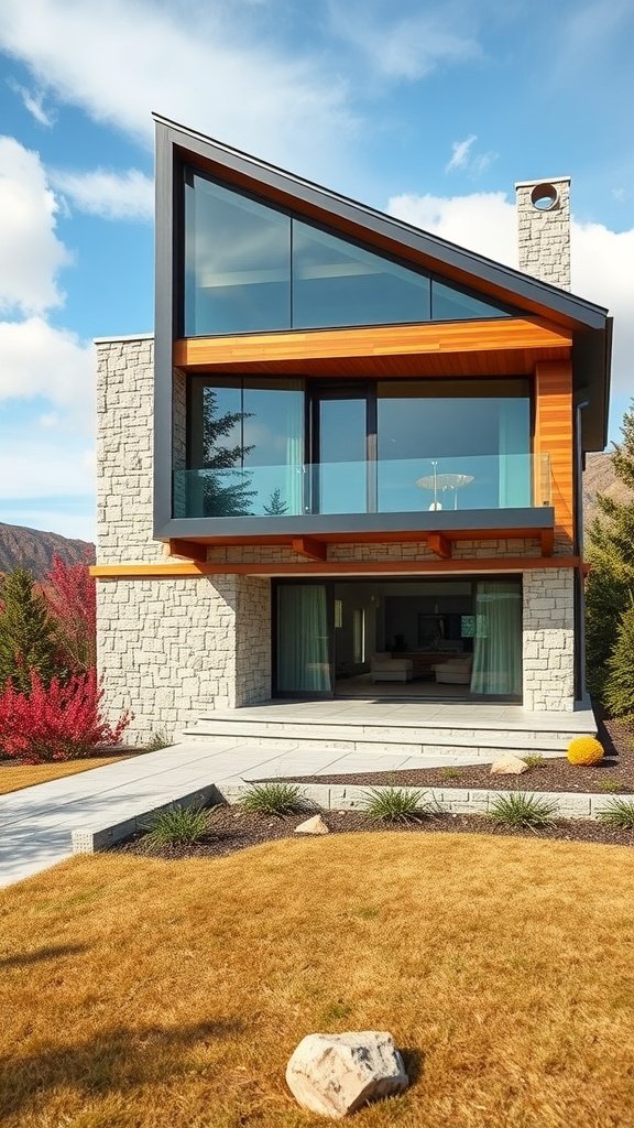A modern stone exterior house with large glass windows and wooden accents, surrounded by landscaped lawn.