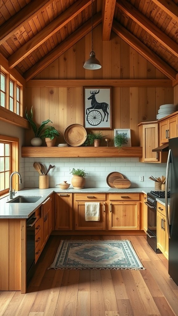 A modern kitchen with wooden cabinets, high ceilings, and rustic decor.