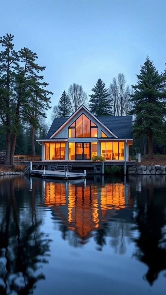 A cozy lakeside house with large windows reflecting on the calm water, surrounded by trees.