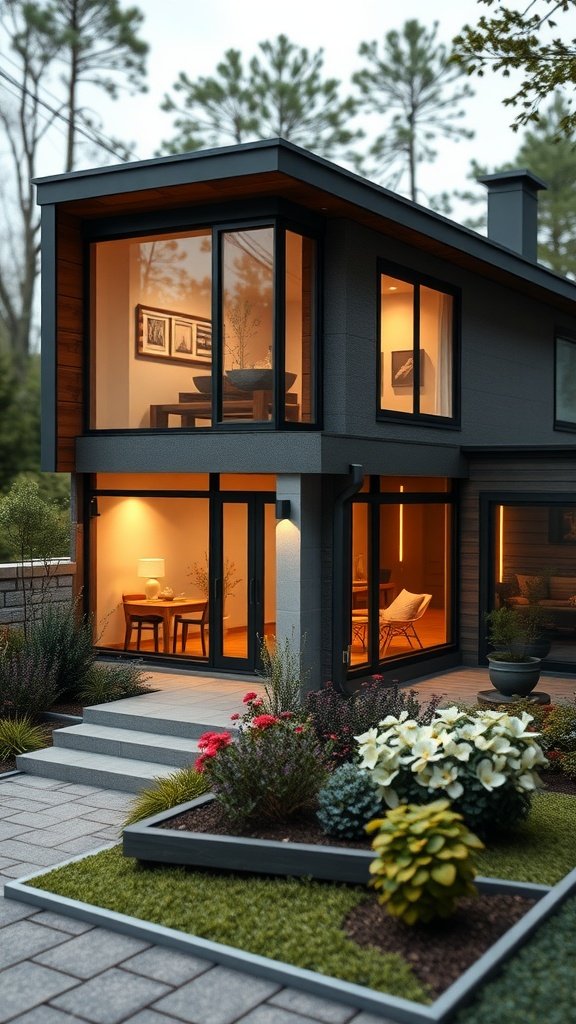 A modern small house with large windows, a beautiful garden, and cozy interior lighting.