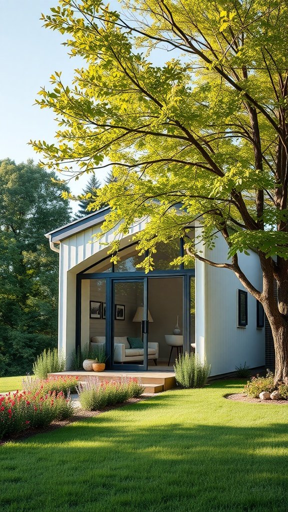 A modern tiny house surrounded by greenery and flowers, showcasing large windows and a sleek design.
