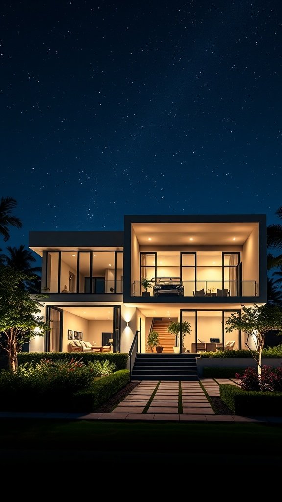 A modern house illuminated at night with large windows and a beautiful garden.