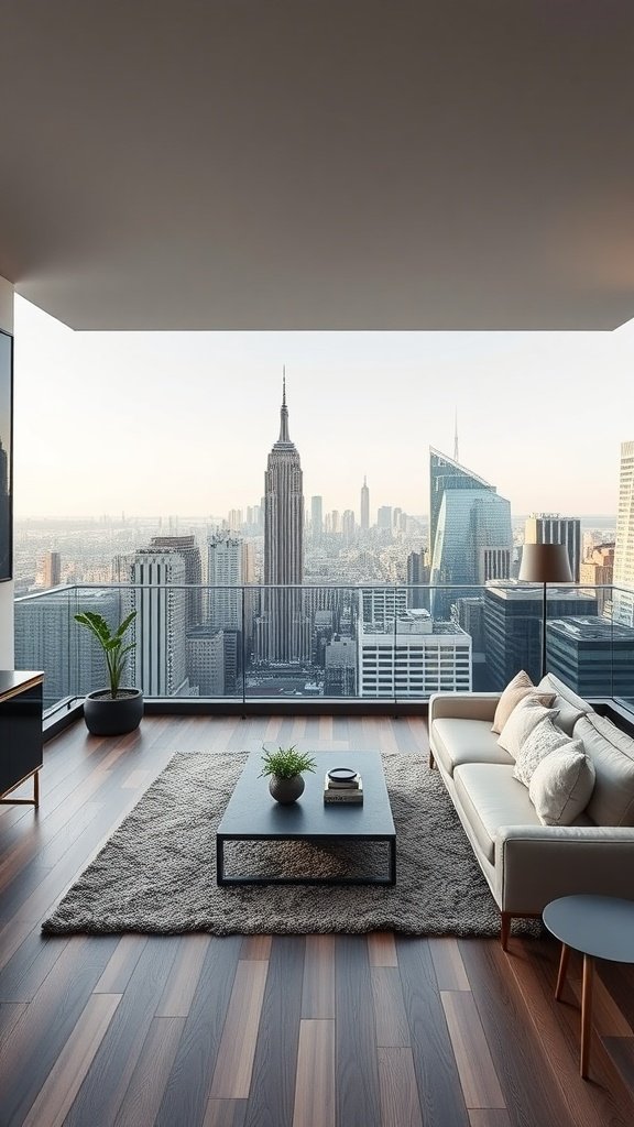 Modern minimalist penthouse interior with a view of the NYC skyline, featuring the Empire State Building.