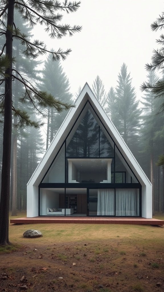 Modern minimalist A-frame house surrounded by trees in a foggy forest.
