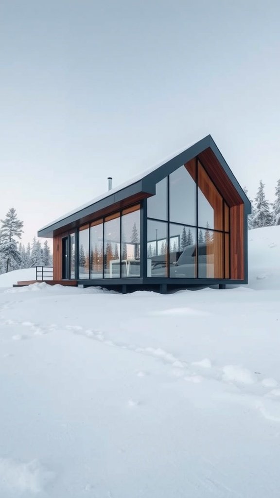 A modern minimalist cabin surrounded by snow, featuring large glass windows and wood accents.