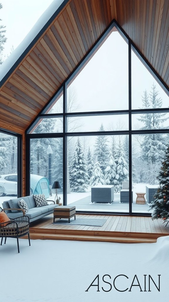 Interior view of a modern minimalist cabin with large windows overlooking a snowy landscape