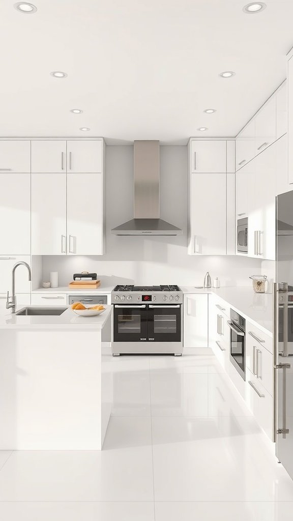 A modern minimalist kitchen featuring white cabinetry, a black oven, and a sleek design