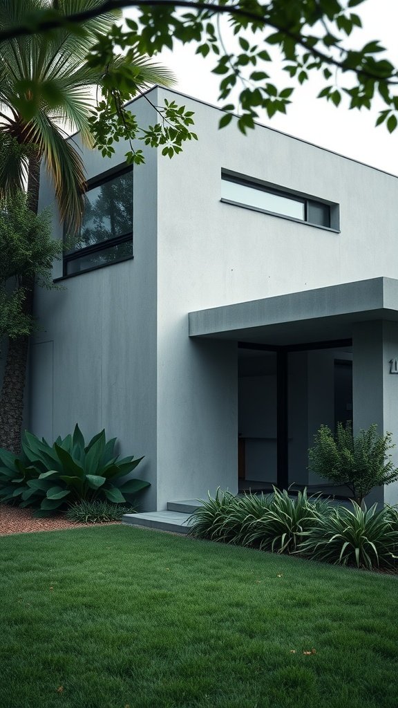 A modern minimalist house with a precast concrete facade, surrounded by greenery.