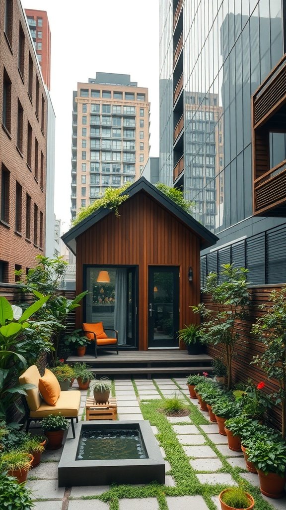 A small wooden house nestled among tall buildings, featuring a garden and a water feature.