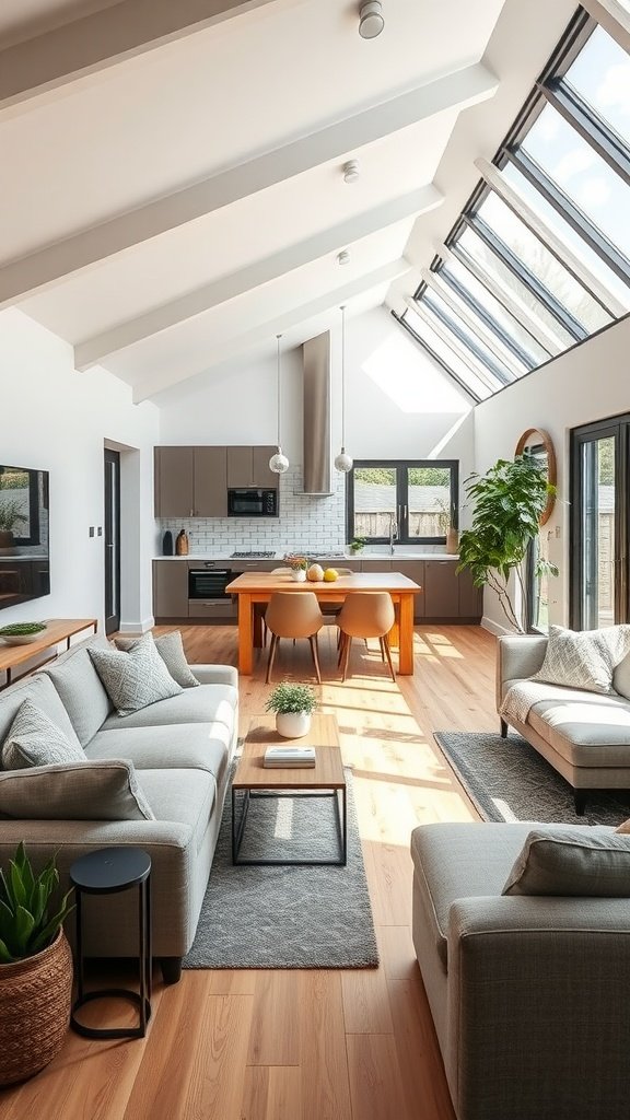 A modern open plan living space featuring high ceilings, large windows, gray sofas, and a wooden dining table.