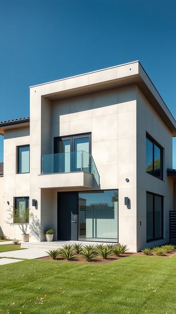 A modern precast concrete house with large windows and a balcony, set in a landscaped yard.