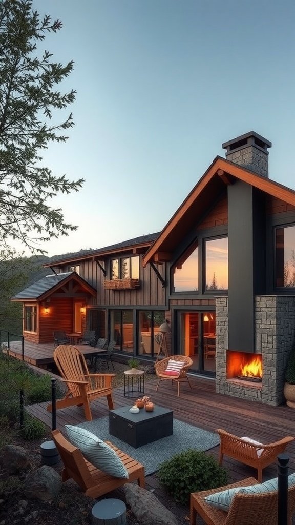 A modern rustic house on a hillside with a cozy outdoor sitting area and a stone fireplace.
