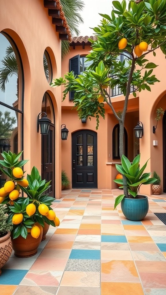 A modern Spanish courtyard with lemon trees and colorful tiled flooring.