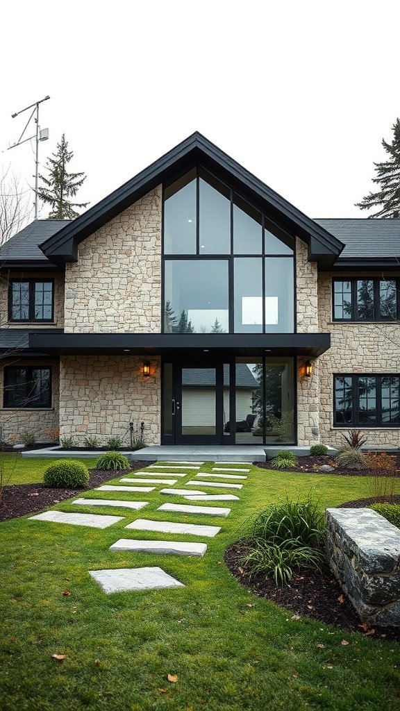 Modern house with stone exterior and large glass windows, featuring a landscaped pathway.