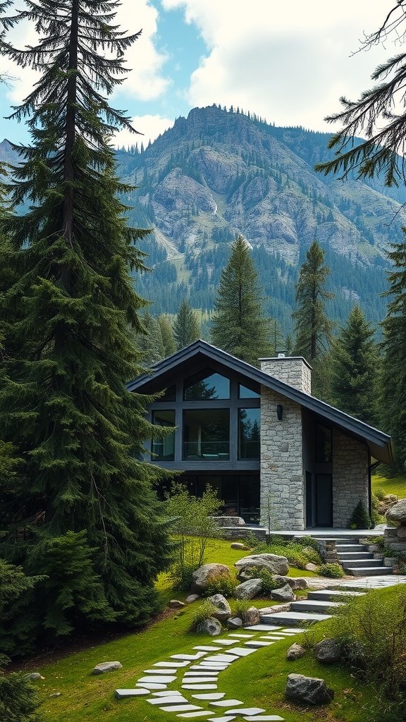 A modern stone chalet surrounded by trees and mountains.