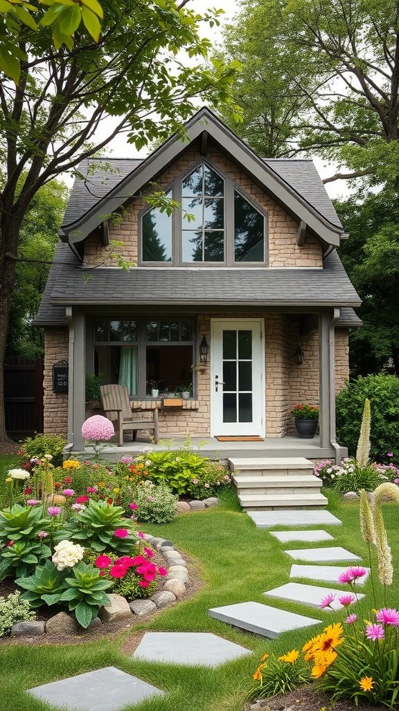 A charming modern stone cottage with a flower-filled garden and a welcoming porch.