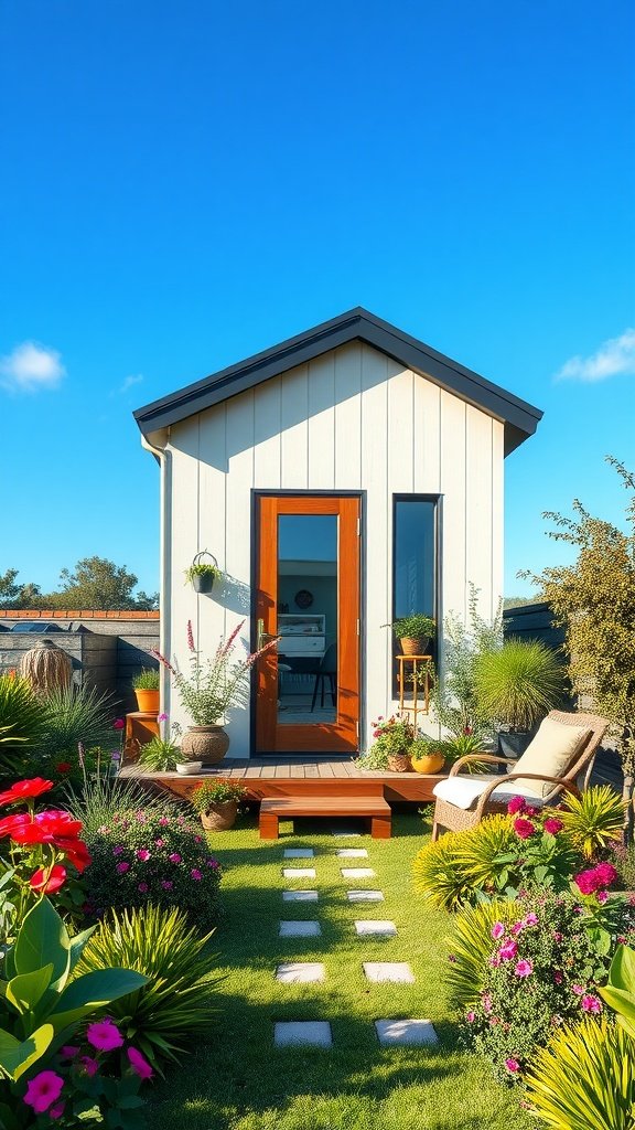 Modern tiny house with a beautiful garden and patio, featuring flowers and greenery.
