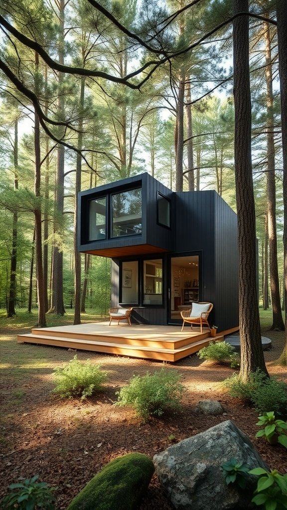 A modern tiny house surrounded by trees, featuring a wooden deck and large windows.