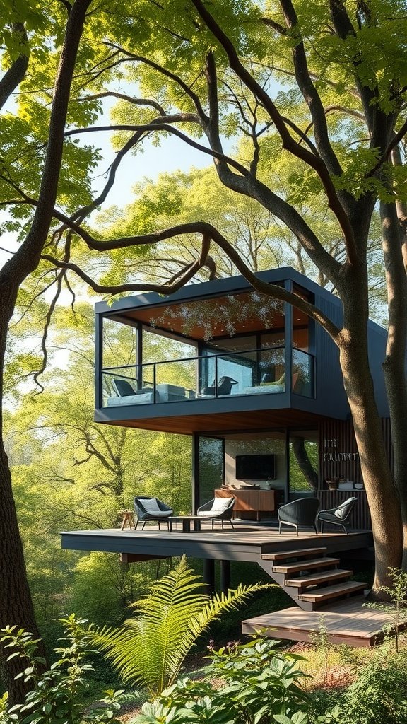 A modern treehouse surrounded by trees, featuring a stylish design and outdoor seating.