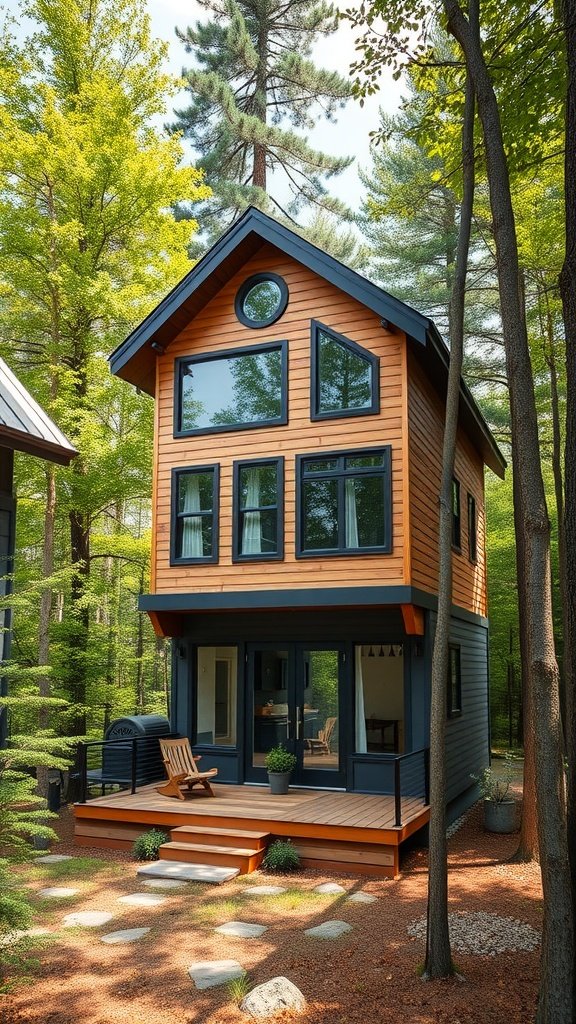 A modern two-story tiny house with large windows, surrounded by trees.