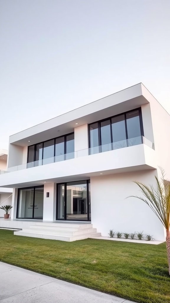 A modern white split-level home with large windows and a well-kept lawn