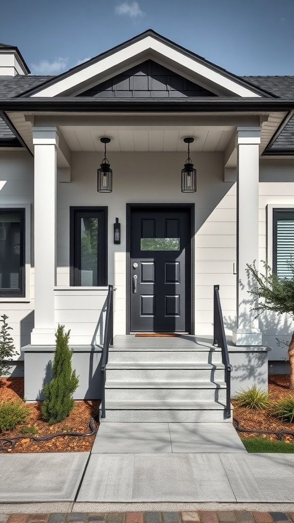 A contemporary house entrance featuring a monochromatic color scheme with a gray and black facade.