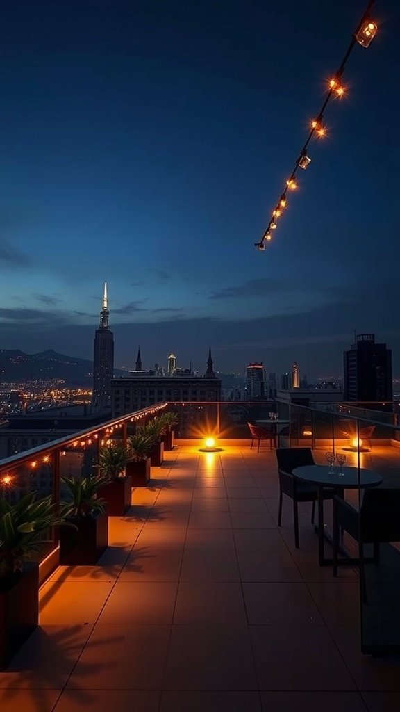An elegant penthouse terrace at night, featuring warm mood lighting and a city skyline view.